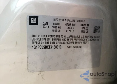 2014 Chevrolet Cruze Lt z USA, uszkodzony, nr VIN 1G1PC5SBXE7138010